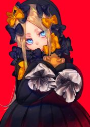 Rule 34 | 1girl, abigail williams (fate), absurdres, bad id, bad twitter id, black bow, black dress, black hat, blonde hair, blue eyes, bow, bubble skirt, closed mouth, dress, eyes visible through hair, fate/grand order, fate (series), hair bow, hands in opposite sleeves, hat, head tilt, highres, long hair, long sleeves, looking at viewer, mozu 1oo, orange bow, red background, simple background, skirt, solo, stuffed animal, stuffed toy, teddy bear, upper body