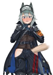 Rule 34 | 1girl, absurdres, animal ears, arknights, blue eyes, blue hair, blush, brown shirt, clothing cutout, coat, eyewear on head, grani (arknights), groping, hand under clothes, highres, horse ears, horse girl, kuro (zhurunbo1997), male hand, overcoat, shirt, shorts, shoulder guard, side cutout, striped clothes, striped shorts, thigh cutout, vertical-striped clothes, vertical-striped shorts, visor