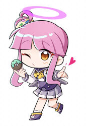 1girl asymmetrical_hair blunt_bangs chibi chibi_only doughnut food frilled_socks frills full_body grey_skirt grey_wings hair_bun hands_up heart holding holding_food index_finger_raised inotaso leaning_forward long_sleeves middle_part neckerchief nina_(puyopuyo) no_nose one_eye_closed one_side_up pink_hair purple_shirt puyopuyo puyopuyo_quest raised_eyebrows sailor_collar shirt short_hair_with_long_locks side_ahoge sidelocks single_hair_bun skirt socks solo standing standing_on_one_leg tachi-e two-tone_shirt white_shirt white_socks wings yellow_neckerchief