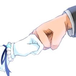 Rule 34 | 1boy, 1girl, bracelet, clenched hand, close-up, commentary request, fist bump, gloves, hand focus, highres, idolmaster, idolmaster cinderella girls, jewelry, koichi makoto, out of frame, pearl bracelet, producer (idolmaster), simple background, sketch, white background, white gloves, yuuki haru