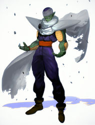 Rule 34 | 1boy, blue pants, cape, colored skin, dragon ball, etama quomo, fingernails, full body, green skin, male focus, muscular, muscular male, pants, piccolo, pointy ears, sharp fingernails, shoes, solo, standing, torn clothes, turban, white background