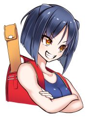 Rule 34 | 1girl, animal ears, arcana heart, artist request, backpack, bag, bare arms, black hair, blush, breasts, brown eyes, crossed arms, daidouji kira, fang, female focus, fingernails, grin, highres, one-piece swimsuit, school swimsuit, shiny skin, short hair, simple background, small breasts, smile, solo, swimsuit, upper body, white background