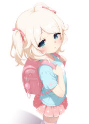 1girl :o ahoge backpack bag blonde_hair blue_eyes blue_shirt bow child commentary_request cowboy_shot crime_prevention_buzzer hair_bow hair_flaps heart heart_print highres holding_strap hosizora_mikoto idolmaster idolmaster_cinderella_girls looking_at_viewer medium_hair open_mouth pink_bag pink_bow pink_skirt print_skirt randoseru shirt short_sleeves skindentation skirt solo swept_bangs t-shirt thighhighs two_side_up white_background white_thighhighs yusa_kozue