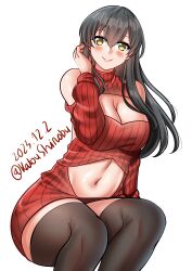 Rule 34 | 1girl, absurdres, akagi (kancolle), bare shoulders, black hair, black thighhighs, blush, breasts, cleavage, commentary request, dated, highres, kantai collection, katou shinobu, large breasts, long hair, meme attire, midriff, mixed-language commentary, navel, red sweater, simple background, smile, solo, sweater, thighhighs, twitter username, virgin killer sweater, white background