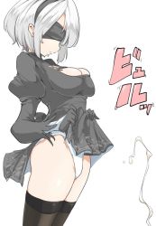 Rule 34 | black dress, black thighhighs, blindfold, breasts, cleavage, cleavage cutout, clothes lift, clothing cutout, dress, dress lift, gloves, groin, hairband, leotard, leotard under clothes, lifted by self, momio, nier (series), nier:automata, short hair, silver hair, skirt, skirt lift, solo, suggestive fluid, thighhighs, white leotard, 2b (nier:automata)