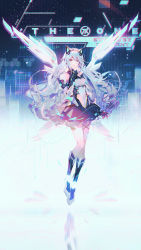 Rule 34 | 1girl, animal ear hairband, animal ears, cat ear hairband, cat ears, dress, fake animal ears, floating, full body, hairband, highres, hologram, index finger raised, long hair, metal wings, mian lang, multicolored clothes, multicolored dress, original, skirt, smile, solo, white hair