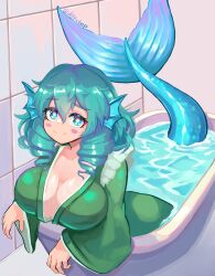 1girl bath blue_eyes blue_hair blush breasts d0tstep eyeshadow fins fish_girl fish_tail green_kimono highres huge_breasts japanese_clothes kimono makeup smile tail touhou wakasagihime