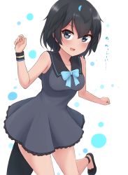 Rule 34 | 1girl, absurdres, bare arms, bare shoulders, black dress, black eyes, black footwear, black hair, black sailor collar, breasts, commentary request, common dolphin (kemono friends), common dolphin (kemono friends) (cosplay), cosplay, dress, frilled dress, frills, hair between eyes, highres, kemono friends, looking at viewer, medium breasts, medium hair, sailor collar, sailor dress, shiraha maru, shoes, simple background, sleeveless, sleeveless dress, solo, superb bird-of-paradise (kemono friends), tail, translated, white background, wristband