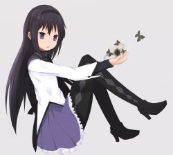 Rule 34 | 10s, 1girl, akemi homura, bad id, bad pixiv id, black hair, black hairband, blue eyes, boots, bug, butterfly, coop (coupon123), full body, grief seed, hairband, high heels, insect, long hair, long sleeves, mahou shoujo madoka magica, mahou shoujo madoka magica (anime), outstretched arm, pantyhose, purple eyes, purple skirt, shoes, simple background, sitting, skirt, solo, thigh boots, thighhighs