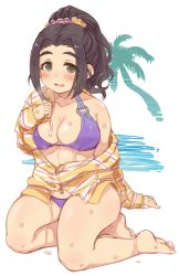 Rule 34 | 1girl, 7010, barefoot, bikini, black hair, blush, breasts, cleavage, collarbone, commentary request, ebihara naho, green eyes, hair ornament, hair scrunchie, idolmaster, idolmaster cinderella girls, jacket, large breasts, long hair, long sleeves, looking at viewer, off shoulder, open mouth, palm tree, ponytail, purple bikini, scrunchie, simple background, sitting, sketch, smile, solo, swimsuit, tree, water, wet, white background, zipper pull tab