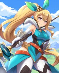 Rule 34 | 1girl, aqua ribbon, armpits, bare shoulders, breasts, canadiananiguy, dragalia lost, dutch angle, elisanne, gloves, hair ribbon, highres, holding, holding polearm, holding weapon, large breasts, long hair, looking at viewer, orange hair, polearm, ponytail, purple eyes, ribbon, sideboob, solo, stole, thighhighs, very long hair, weapon, white gloves