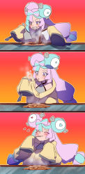 Rule 34 | 1girl, bow-shaped hair, character hair ornament, cooking, creatures (company), game freak, hair ornament, hexagon print, highres, iono (pokemon), jacket, long hair, low-tied long hair, mizu cx, multicolored hair, nintendo, oversized clothes, pokemon, pokemon sv, sharp teeth, sleeves past fingers, sleeves past wrists, solo, split-color hair, teeth, very long sleeves, x, yellow jacket