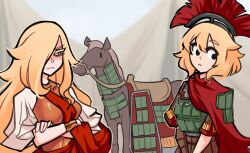 Rule 34 | 2girls, absurdres, armor, blonde hair, blurry, blurry background, breasts, cape, centurii-chan, centurii-chan (artist), closed mouth, colored eyelashes, commentary, crossed arms, day, english commentary, era bricks (meme), greco-roman clothes, hair over one eye, highres, horse, legate (centurii-chan), long hair, looking to the side, medium breasts, meme, multiple girls, original, plume, reactive armor, red cape, robe, roman clothes, yellow eyes