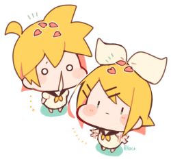 Rule 34 | 1boy, 1girl, ^^^, aged down, baby, bad id, bad pixiv id, black collar, blonde hair, blouse, blush stickers, bow, brother and sister, chibi, collar, expressionless, hair bow, hair ornament, hairclip, kagamine len, kagamine rin, kitsune no ko, looking at viewer, neckerchief, petals, runny nose, sailor collar, shirt, short hair, short ponytail, siblings, snot, solid circle eyes, spiked hair, twins, twitter username, vocaloid, waving arms, white bow, white shirt, yellow neckerchief