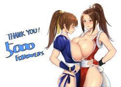 Rule 34 | 2girls, :p, bare shoulders, blue gloves, blue kimono, blue panties, blush, breast contest, breast press, breasts, breasts out, brown eyes, brown hair, choker, closed eyes, collarbone, commentary request, cowboy shot, crossover, dead or alive, english text, fatal fury, female focus, fingerless gloves, gloves, hair ribbon, high ponytail, highres, huge breasts, japanese clothes, kasumi (doa), kimono, kurone rinka, licking lips, lips, long hair, looking at another, matching hair/eyes, multiple girls, ninja, no panties, panties, parted lips, pelvic curtain, red gloves, red kimono, ribbon, sash, shiranui mai, side-tie panties, sidelocks, simple background, sleeveless, sleeveless kimono, smile, snk, symmetrical docking, tecmo, thank you, the king of fighters, tongue, tongue out, trait connection, underwear, white background, white choker, white sash, yellow ribbon, yuri
