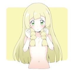 Rule 34 | 1girl, blonde hair, blunt bangs, blush, braid, breasts, collarbone, creatures (company), female focus, game freak, green eyes, hair over breasts, hand in own hair, lillie (pokemon), long hair, looking at viewer, navel, nintendo, ookamiuo, outside border, pokemon, pokemon sm, sad, simple background, small breasts, solo, topless frame, twin braids, upper body, white background, yellow background