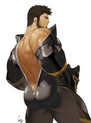 1boy, ass, ass focus, bara, bare back, beard, brown hair, character request, check character, check copyright, copyright request, dungeon and fighter, facial hair, gomtang, headwear removed, helmet, helmet removed, latex, latex bodysuit, looking at viewer, looking back, male focus, male priest (dungeon and fighter), mature male, muscular, muscular male, pectorals, priest (dungeon and fighter), short hair, single bare shoulder, solo, sweat, thick thighs, thighs, unzipped