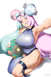 Rule 34 | 1girl, absurdres, alternate breast size, bellibolt, bodysuit, bow-shaped hair, breasts, character hair ornament, creatures (company), game freak, gym leader, hair ornament, hexagon print, highres, iono (pokemon), large breasts, latex, nail polish, nintendo, pokemon, pokemon sv, simple background, skin tight, slush5244, solo, white background, x