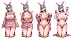 Rule 34 | 1girl, :d, :o, animal ears, blush, breasts, choker, cleavage, closed mouth, collarbone, commentary, curvy, gold bra, gold panties, green eyes, grey socks, hair between eyes, heart, highres, jacket, kneeling, large breasts, long hair, looking at viewer, navel, open mouth, original, pasties, paw pose, pink jacket, rabbit ears, red eyes, simple background, smile, socks, stomach, tsuda nanafushi, unzipping, white background, wrist cuffs