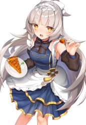 Rule 34 | 1girl, alternate hairstyle, apron, azur lane, bare shoulders, blue dress, blunt bangs, blush, bow, breasts, brown eyes, brown sleeves, commentary request, cross, detached sleeves, dress, fingernails, food, fork, frilled apron, frills, grey hair, hair bow, headpiece, highres, holding, holding fork, holding plate, iron cross, kinsenka momi, long hair, long sleeves, looking at viewer, medium breasts, open mouth, plate, pleated dress, ponytail, puffy long sleeves, puffy sleeves, simple background, sleeveless, sleeveless dress, solo, striped, striped bow, very long hair, white apron, white background, white bow, z46 (azur lane)