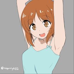 Rule 34 | 1girl, armpits, arms up, blue shirt, brown eyes, brown hair, camisole, casual, commentary, girls und panzer, grey background, looking at viewer, nagomiya (shousha), nishizumi miho, open mouth, shirt, short hair, simple background, smile, solo, twitter username, upper body