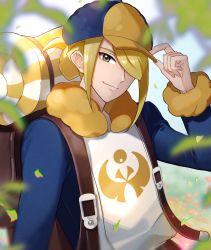 Rule 34 | 1boy, backpack, bag, blonde hair, blurry, brown bag, closed mouth, commentary request, creatures (company), day, fur trim, game freak, grey eyes, hair over one eye, hand on headwear, hat, leaf, long sleeves, male focus, nintendo, orange hat, outdoors, pokemon, pokemon legends: arceus, sakuho sakutomo, short hair, smile, solo, upper body, volo (pokemon)
