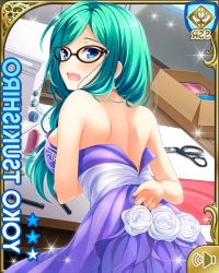 Rule 34 | 1girl, black-framed eyewear, blue eyes, blush, breasts, card (medium), day, dress, embarrassed, female focus, from behind, girlfriend (kari), glasses, green hair, indoors, jewelry, long hair, mirrored text, necklace, official art, open mouth, purple dress, qp:flapper, school, solo, tagme, tanabata, tsukishiro youko