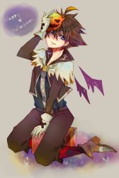 Rule 34 | 1boy, alternate costume, bad id, bad pixiv id, blue eyes, boots, brown hair, fang, full body, gloves, gradient background, hair over one eye, kingdom hearts, lhvssh, male focus, solo, sora (halloween town) (kingdom hearts), sora (kingdom hearts)