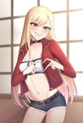 Rule 34 | 1girl, absurdres, bandeau, belt, black belt, black choker, blonde hair, blush, breasts, choker, cleavage, cleavage cutout, clothing cutout, collarbone, commentary request, cosplay, cowboy shot, cutoffs, denim, denim shorts, fate/apocrypha, fate (series), grin, groin, head tilt, heart, heart hands, highres, indoors, jacket, kitagawa marin, long hair, long sleeves, looking at viewer, medium breasts, midriff, mordred (fate), mordred (fate/apocrypha), mordred (fate/apocrypha) (cosplay), mordred (memories at trifas) (fate), nail polish, navel, open clothes, open jacket, pendreon, pink eyes, pink nails, red jacket, short shorts, shorts, smile, solo, sono bisque doll wa koi wo suru, spaghetti strap, standing, stomach, very long hair