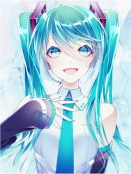 Rule 34 | 1055, 1girl, :d, black sleeves, blue eyes, blue hair, blue nails, blue necktie, collared shirt, detached sleeves, hair ornament, hatsune miku, headphones, headset, highres, long hair, long sleeves, looking at viewer, microphone, nail polish, necktie, open mouth, shirt, sleeveless, sleeveless shirt, sleeves past wrists, smile, solo, twintails, upper body, very long hair, vocaloid, white shirt, wing collar