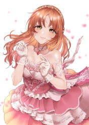 Rule 34 | 1girl, abe nana, bare shoulders, blurry, blush, choker, closed mouth, collarbone, cowboy shot, depth of field, dress, dress flower, earrings, expulse, floral print, flower, frilled dress, frills, gem, glint, gloves, hair down, hands up, highres, idolmaster, idolmaster cinderella girls, idolmaster cinderella girls starlight stage, jewelry, lace, lace gloves, layered dress, long hair, looking at viewer, necklace, orange hair, parted bangs, pearl necklace, pendant, petals, pink dress, pink flower, print dress, print gloves, red gemstone, see-through, simple background, smile, solo, standing, strapless, strapless dress, tiara, white background, white choker, white gloves, yellow eyes