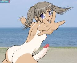 Rule 34 | 1girl, agent orange, ass, beach, breasts, futanari, large penis, looking at viewer, looking back, one-piece tan, outdoors, penis, photo background, ponytail, purple eyes, small breasts, solo, tan, tanline, third-party edit, twintails, uncensored