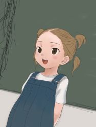 Rule 34 | 1girl, chalkboard, child, female focus, flat chest, forehead, myu-po, open mouth, overalls, pregnant, quad tails, smile, solo