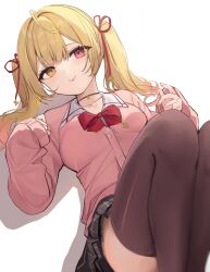 Rule 34 | 1girl, absurdres, black skirt, black thighhighs, blonde hair, bow, bowtie, cardigan, collarbone, commentary request, hand up, heterochromia, highres, hoshikawa sara, hoshikawa sara (4th costume), iruka3, long hair, long sleeves, lying, miniskirt, nijisanji, official alternate costume, official alternate hairstyle, on back, pink cardigan, plaid, plaid skirt, pleated skirt, puffy long sleeves, puffy sleeves, red bow, red bowtie, red eyes, school uniform, simple background, skirt, sleeves past wrists, solo, thighhighs, tongue, tongue out, twintails, virtual youtuber, white background, yellow eyes, zettai ryouiki