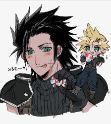 Rule 34 | 2boys, black gloves, black hair, black shirt, blonde hair, blush, candy, chibi, chibi inset, cloud strife, commentary request, ear piercing, final fantasy, final fantasy vii, food, gloves, green eyes, holding, holding candy, holding food, male focus, mtr dayoo, multiple boys, piercing, scar, scar on face, shirt, smile, spiked hair, tongue, tongue out, translation request, zack fair