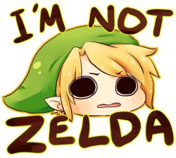 Rule 34 | 1boy, blonde hair, chibi, earrings, english text, face, hat, head only, jewelry, link, male focus, nintendo, omocat, pointy ears, simple background, solo, text focus, the legend of zelda, truth, white background