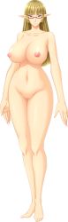 Rule 34 | 1girl, barefoot, blonde hair, blue eyes, breasts, censored, chijoku no onna kishi, claudia (chijoku no onna kishi), elf, feet, full body, game cg, glasses, highres, huge breasts, legs, long hair, looking at viewer, lune (company), navel, nipples, nude, pointy ears, pussy, simple background, smile, solo, standing, thighs, toes, white background