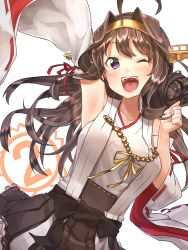 Rule 34 | 10s, 1girl, :d, ;d, ahoge, arm up, armpits, baffu, bare shoulders, blue eyes, breasts, brown hair, detached sleeves, double bun, hair bun, hairband, headgear, highres, japanese clothes, kantai collection, kongou (kancolle), kongou kai ni (kancolle), large breasts, long hair, nontraditional miko, one eye closed, open mouth, purple eyes, ribbon-trimmed sleeves, ribbon trim, simple background, smile, solo, teeth, tongue, white background, wide sleeves