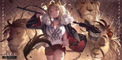 Rule 34 | 1girl, animal ears, arknights, bare shoulders, black jacket, blonde hair, breasts, brown eyes, candy, choker, cleavage, collarbone, cowboy shot, food, fur-trimmed jacket, fur trim, hair between eyes, hammer, holding, holding hammer, j 315 (jean), jacket, large breasts, lion, lion ears, lion tail, lollipop, long hair, looking at viewer, mouth hold, red shorts, shorts, sidelocks, siege (arknights), solo, tail, tank top, wavy hair, wide sleeves
