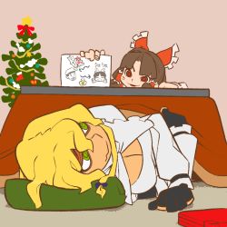 Rule 34 | 2girls, benikurage (cookie), black gloves, blonde hair, blue bow, bow, breasts, brown hair, christmas tree, cleavage, closed mouth, commentary request, cookie (touhou), detached sleeves, frilled hair tubes, frills, gloves, green eyes, hair bow, hair tubes, hakurei reimu, handheld game console, inmu-kun, kirisame marisa, kotatsu, long hair, looking at another, lying, manatsu no yo no inmu, mars (cookie), medium breasts, medium hair, multiple girls, nintendo ds, on side, open mouth, parted bangs, partially fingerless gloves, pillow, red bow, red eyes, ribbon-trimmed sleeves, ribbon trim, scotch (cookie), shirt, smile, star (symbol), table, touhou, upper body, wavy mouth, white shirt, white sleeves, yen sign