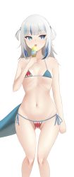 Rule 34 | absurdres, bikini, blue bikini, blue eyes, eyebrows hidden by hair, fins, fish tail, flat chest, food, gawr gura, hair ornament, highres, hololive, hololive english, holomyth, ice cream, ice cream cone, long hair, looking to the side, micro bikini, multicolored hair, navel, open mouth, purewhite draw, ribs, ringed eyes, shark girl, shark hair ornament, shark print, shark tail, sharp teeth, side-tie bikini bottom, simple background, skindentation, streaked hair, swimsuit, tail, teeth, tongue, tongue out, upper body, virtual youtuber, white background