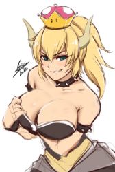 Rule 34 | 1girl, adapted costume, airisubaka, aqua eyes, artist name, bare shoulders, black dress, blonde hair, borrowed character, bowsette, bracelet, breasts, cleavage, collar, collarbone, commentary, dress, english commentary, grin, horns, jewelry, large breasts, looking at viewer, mario (series), naughty face, new super mario bros. u deluxe, nintendo, ponytail, sidelocks, sketch, smile, solo, spiked bracelet, spiked collar, spikes, super crown, upper body, white background