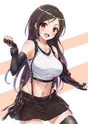 Rule 34 | 1girl, :d, absurdres, bare shoulders, black hair, black skirt, black thighhighs, blush, breasts, clenched hand, commentary request, cowboy shot, crop top, elbow pads, final fantasy, final fantasy vii, fingerless gloves, gloves, hand up, happy, highres, large breasts, long hair, looking at viewer, midriff, miniskirt, mixed-language commentary, navel, open mouth, potato tacos, red eyes, skirt, smile, solo, suspender skirt, suspenders, tank top, thighhighs, tifa lockhart, very long hair, white tank top