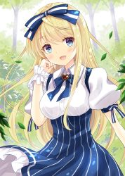 Rule 34 | 1girl, blonde hair, blue bow, blue eyes, blue skirt, blush, bow, breasts, commentary request, emu alice, hair bow, hair ribbon, heart, highres, liver city, long hair, looking at viewer, medium breasts, open mouth, outdoors, puffy short sleeves, puffy sleeves, ribbon, short sleeves, skirt, smile, solo, uonuma yuu