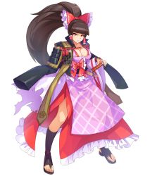 Rule 34 | 1girl, amputee, apron, baiken, baiken (cosplay), belt, black footwear, blunt bangs, boots, bow, breasts, brown hair, cleavage, collarbone, commentary request, cookie (touhou), cosplay, full body, guilty gear, guilty gear xrd, hair bow, hair tubes, hakurei reimu, highres, large breasts, long hair, looking at viewer, parted lips, pink apron, ponytail, red bow, red eyes, rurima (cookie), sidelocks, solo, standing, sword, tarmo, toeless footwear, torn clothes, touhou, transparent background, weapon