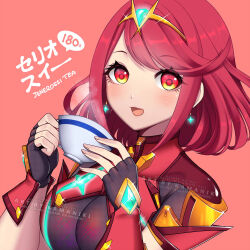 Rule 34 | 1girl, armor, blush, breasts, cup, dot nose, earrings, ears, english text, eyebrows, eyelashes, fingerless gloves, gem, gloves, gradient background, holding, holding cup, huge breasts, japanese text, jewelry, kamaniki, looking at viewer, matching hair/eyes, open mouth, pyra (xenoblade), red eyes, red hair, simple background, solo, tiara, upper body, watermark, xenoblade chronicles (series), xenoblade chronicles 2