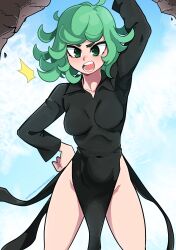 Rule 34 | 1girl, absurdres, ahoge, arm up, black dress, blue sky, breasts, cloud, covered navel, curly hair, dashi (dashiart), day, dress, green eyes, green hair, groin, hand on own hip, highres, long sleeves, medium breasts, one-punch man, open mouth, outdoors, pelvic curtain, short hair, side slit, sky, solo, tatsumaki, taut clothes, taut dress, thighs, v-shaped eyebrows