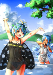 Rule 34 | 2girls, antennae, arms up, bloomers, blue bow, blue eyes, blue hair, blue sky, bow, butterfly wings, cirno, closed eyes, cloud, day, eternity larva, hair bow, highres, ice, ice wings, insect wings, kourou (kouroukun), looking at another, mountain, multiple girls, one eye closed, panties, see-through, short hair, sky, tanned cirno, touhou, underwear, wading, wet, wings
