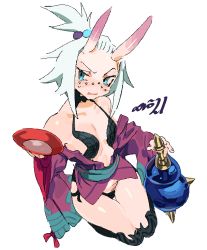 Rule 34 | 1girl, absurdres, alternate costume, bikini, black bikini, blue eyes, blush, bottle, breasts, cosplay, creatures (company), cup, fate/grand order, fate (series), forehead, freckles, game freak, gym leader, hair bobbles, hair ornament, highres, horns, japanese clothes, kimono, legs, loose clothes, nintendo, oni, petite, pokemon, pokemon bw2, roxie (pokemon), sakazuki, seiza, short hair, shuten douji (fate), shuten douji (fate) (cosplay), sitting, skin-covered horns, small breasts, solo, standing, stomach, swimsuit, topknot, white hair, whoopsatro