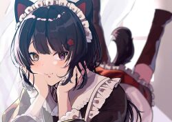 Rule 34 | 1girl, absurdres, animal ears, black hair, dog ears, dog tail, flower, hair flower, hair ornament, heterochromia, highres, inui toko, long hair, low twintails, maid, maid headdress, nijisanji, onsen ssr, red eyes, red flower, smile, solo, swept bangs, tail, twintails, virtual youtuber, wa maid, yellow eyes